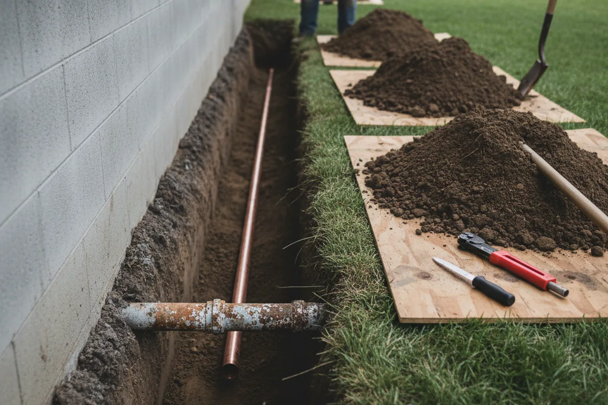 Excavated water line trench during Sewer Line Repair in Vinson
